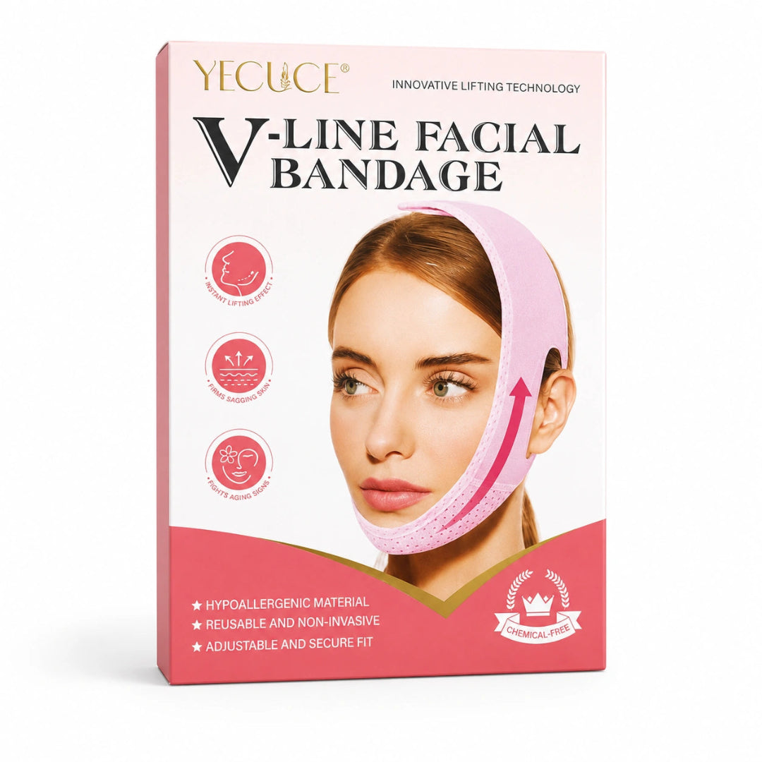 YECUCE V-Line Facial Bandage product box, featuring a pink and white design with a model wearing the pink bandage on her face. The box includes text highlighting hypoallergenic material, reusable non-invasive design, and adjustable fit.
